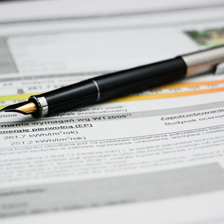 Schwarzer Stift liegt auf einem Stapel von Dokumenten und Formularen.